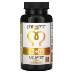 Zhou Nutrition, D3+K2, 125 мкг (5000 МЕ)/90 мкг, поддержка 2-в-1, 60 вегетарианских капсул (ZHO-00618), фото
