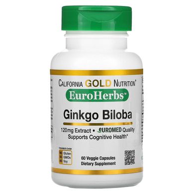 California Gold Nutrition, EuroHerbs, екстракт гінкго білоба, європейська якість, 120 мг, 60 рослинних капсул (CGN-01109), фото