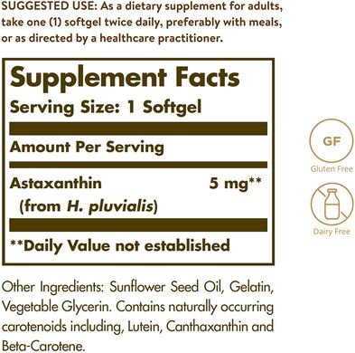 Solgar, Натуральний астаксантин, 5 мг, 30 м'яких желатинових капсул (SOL-00070), фото