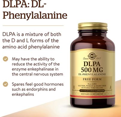 Solgar, DLPA, DL-фенілаланін у вільній формі, 500 мг, 100 рослинних капсул (SOL-01011), фото