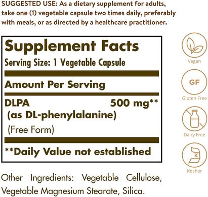 Solgar, DLPA, DL-фенілаланін у вільній формі, 500 мг, 100 рослинних капсул (SOL-01011), фото