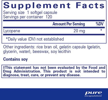 Ликопин, Lycopene, Pure Encapsulations, 20 мг, 60 капсул (PE-00760), фото