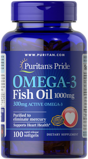 Омега-3, Omega-3 Fish Oil, Puritan's Pride, 1000 мг, 300 мг активного, 100 капсул (PTP-13832), фото