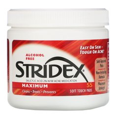 Stridex, Одношаговое средство от угрей, максимальная сила, без спирта, 55 мягких салфеток (SDX-09701), фото
