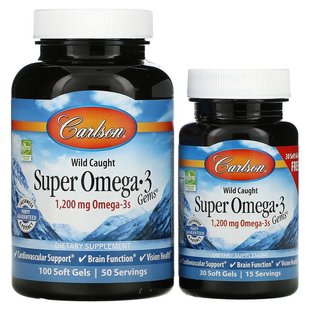 Carlson Labs, Wild Caught Super Omega-3 Gems, високоефективна омега-3 з морської риби, 600 мг, 100+30 капсул (CAR-01524), фото