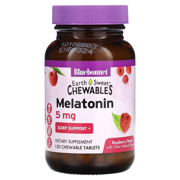 Bluebonnet Nutrition, EarthSweet, мелатонин, натуральный малиновый вкус, 5 мг, 120 жевательных таблеток (BLB-00997), фото