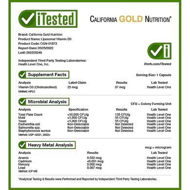 California Gold Nutrition, ліпосомальний вітамін D3, 25 мкг (1000 МО), 60 рослинних капсул (CGN-01873), фото