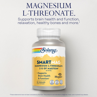 Магний L-треонат 48 мг Solaray SmartMag Magnesium L-Threonate - 90 растительных капсул, фото