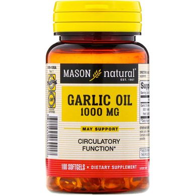 Чесночное масло, 1000 мг, Garlic Oil, Mason Natural, 100 гелевых капсул (MAV-06991), фото