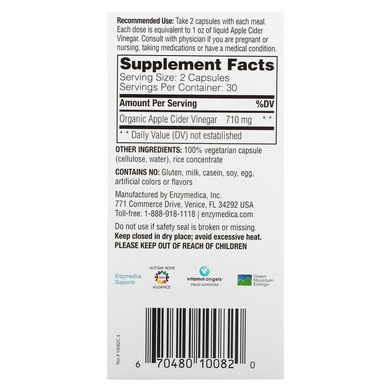Яблучний оцет 355 мг Enzymedica Apple Cider Vinegar | з оцтовою маткою - 60 капсул, фото