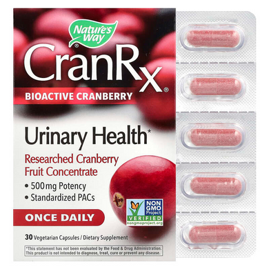 Nature's Way, CranRx, Urinary Health, биоактивная клюква, 500 мг, 30 вегетарианских капсул (NWY-15289), фото