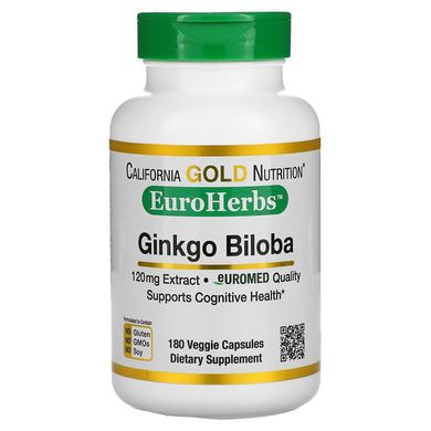 California Gold Nutrition, EuroHerbs, екстракт гінкго білоба, європейська якість, 120 мг, 180 рослинних капсул (CGN-01278), фото