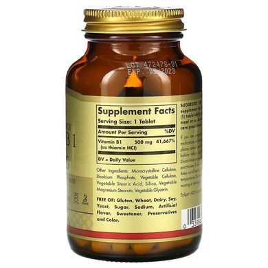 Solgar, витамин В1, 500 мг, 100 таблеток (SOL-02980), фото