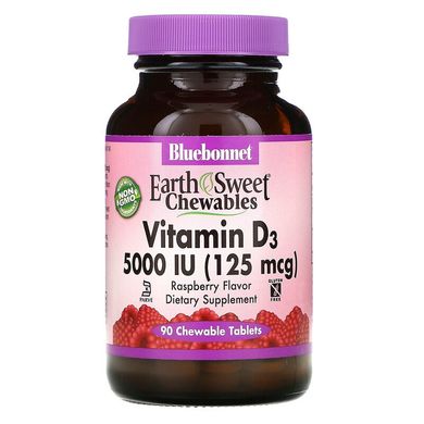 Bluebonnet Nutrition, витамин D3, малина, 5000 МЕ (125 мкг), 90 жевательных таблеток (BLB-00366), фото