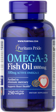 Омега-3, Omega-3 Fish Oil, Puritan's Pride, 1000 мг, 300 мг активного, 250 капсул (PTP-13835), фото