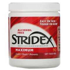 Stridex, Одношаговое средство от угрей, максимальная сила, без спирта, 90 мягких салфеток (SDX-09709), фото