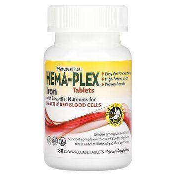 Nature's Plus, Hema-Plex, Залізо з незамінними поживними речовинами для здорових еритроцитів, повільне вивільнення, 30 таблеток (NAP-03760), фото