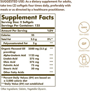 Solgar, лляна олія, 1250 мг, 250 гелевих капсул (SOL-01071), фото