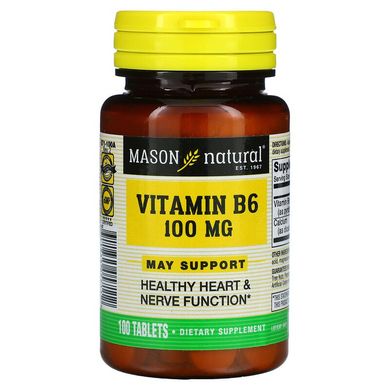 Вітамін B6 100 мг, Vitamin B6, Mason Natural, 100 таблеток (MAV-05711), фото