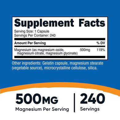 Комплекс магнію 500 мг (оксид + цитрат + гліцинат магнію) Nutricost - 240 капсул, фото