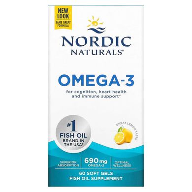Nordic Naturals, Омега-3, лимон, 690 мг, 60 капсул (NOR-01760), фото