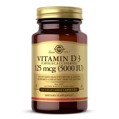Solgar, витамин D3 (холекальциферол), 125 мкг (5000 МЕ), 60 вегетарианских капсул (SOL-03312), фото