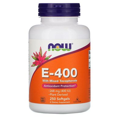 Now Foods, вітамін E-400 зі змішаними токоферолами, 268 мг (400 МО), 250 капсул (NOW-00894), фото