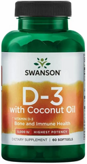 Витамин D3 с кокосовым маслом, Vitamin D3 with Coconut Oil, Swanson, высокоэффективный, 60 гелевых капсул (SWV-02896), фото