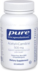 Ацетил-L-карнітин, Acetyl-l-Carnitine, Pure Encapsulations, 500 мг, 60 капсул (PE-00007), фото