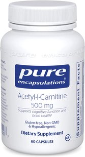 Ацетил-L-карнітин, Acetyl-l-Carnitine, Pure Encapsulations, 500 мг, 60 капсул (PE-00007), фото