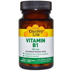 Country Life, Витамин B1, 100 мг, 100 таблеток (CLF-06001), фото