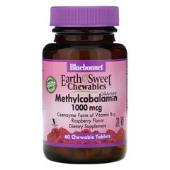 Bluebonnet Nutrition, EarthSweet, метилкобаламин, натуральный малиновый вкус, 1000 мкг, 60 жевательных таблеток (BLB-00441), фото