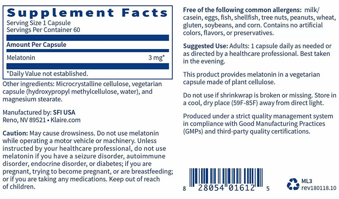 Мелатонин, Melatonin, Klaire Labs, 3 мг, 60 вегетарианских капсул (KLL-01612), фото