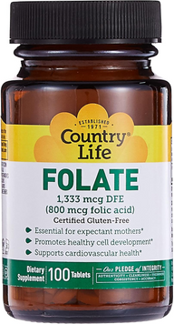 Country Life, Фолат, 800 мкг, 100 таблеток (CLF-06521), фото