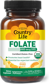 Фолат жевательный Country Life Folate - Апельсин, 800 мкг, 100 таблеток, фото