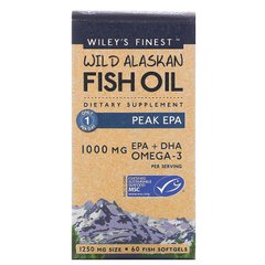 Wiley's Finest, рыбий жир диких аляскинских рыб, максимальное содержание ЭПК, 1250 мг, 60 рыбных капсул (WIF-00407), фото