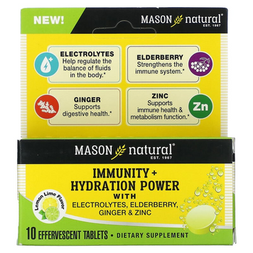 Mason Natural, Імунітет та зволоження з електролітами, бузиною, імбиром та цинком, лимоном та лаймом, 10 шипучих таблеток (MAV-18351), фото