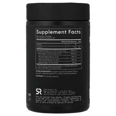 Аляскинський риб'ячий жир з омега-3 1250 мг EPA/DHA (690 мг/310 мг) Sports Research Alaskan Omega 3 Fish Oil - 90 капсул, фото