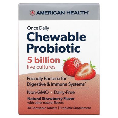 American Health, Один раз на день жувальний пробіотик, натуральна полуниця, 5 млрд КУО, 30 жувальних таблеток (AMH-30055), фото