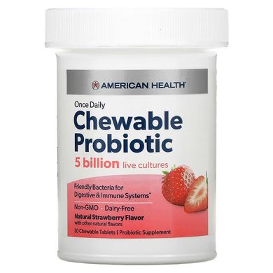 American Health, Один раз в день жевательный пробиотик, натуральная клубника, 5 млрд КОЕ, 30 жевательных таблеток (AMH-30055), фото