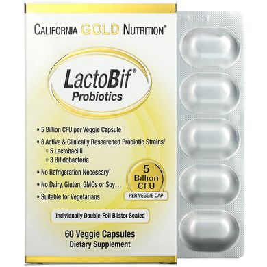 California Gold Nutrition, LactoBif, пробиотики, 5 млрд КОЕ, 60 растительных капсул (CGN-00963), фото
