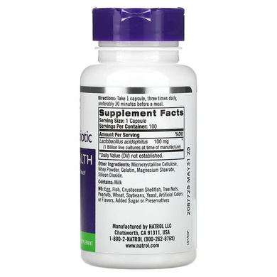 Natrol, пробіотик з ацидофільними бактеріями, 1 млрд, 100 капсул (NTL-00970), фото