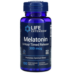 Life Extension, Мелатонін, 6-годинне вивільнення, 300 мкг, 100 рослинних таблеток (LEX-17871), фото