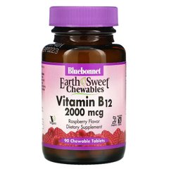 Bluebonnet Nutrition, «EarthSweet», витамин B12, натуральный вкус малины, 2000 мкг, 90 жевательных таблеток (BLB-00436), фото