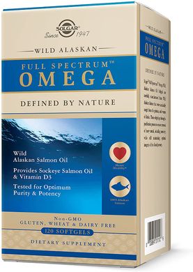 Solgar, омега-кислоти Full Spectrum, жир дикого аляскинського лосося, 120 капсул (SOL-01110), фото
