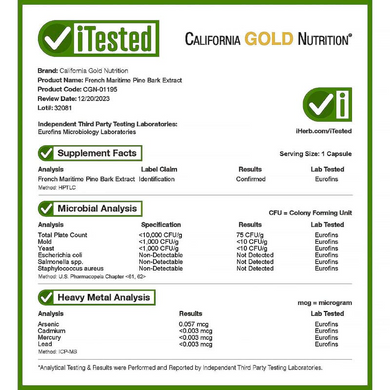 California Gold Nutrition, Oligopin, екстракт кори французької приморської сосни, 100 мг, 60 рослинних капсул (CGN-01195), фото