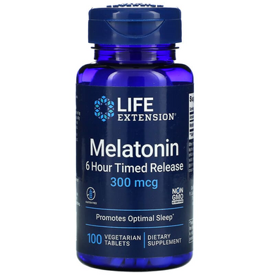Life Extension, Мелатонин, 6-часовое высвобождение, 300 мкг, 100 растительных таблеток (LEX-17871), фото