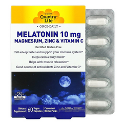 Country Life, Мелатонін, 10 мг магнію, цинку та вітаміну C, 60 веганських капсул (CLF-01713), фото
