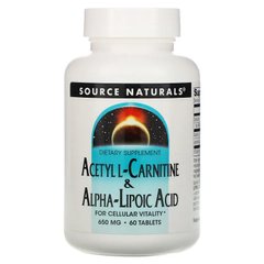 Source Naturals, ацетил-L-карнітин та альфа-ліпоєва кислота, 650 мг, 60 таблеток (SNS-01799), фото