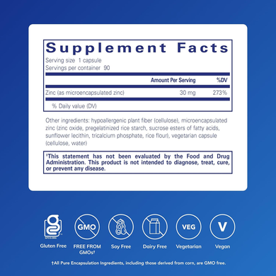 Цинк 30 мг Pure Encapsulations UltraZin Zinc - 90 капсул, фото